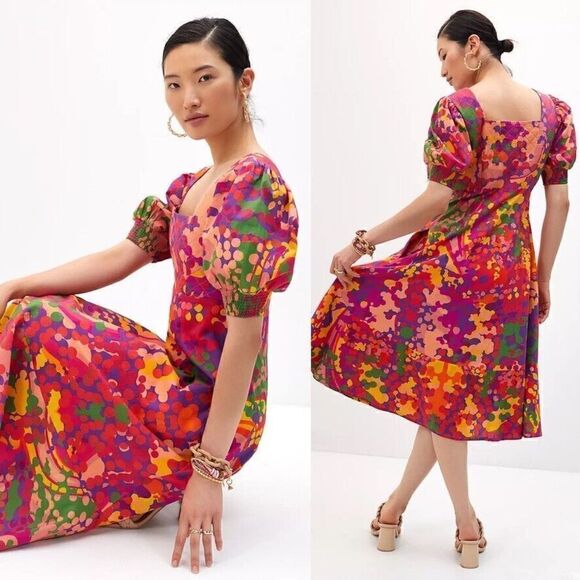 Anthropologie Roopa Pemmaraju Floral Midi Dress Abstract Colorful XS NWT - Picture 5 of 7